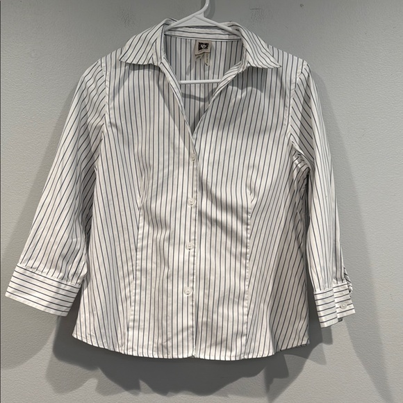 Anne Klein White and Blue Striped Button-Down Collared Shirt - Size Small - Picture 1 of 6